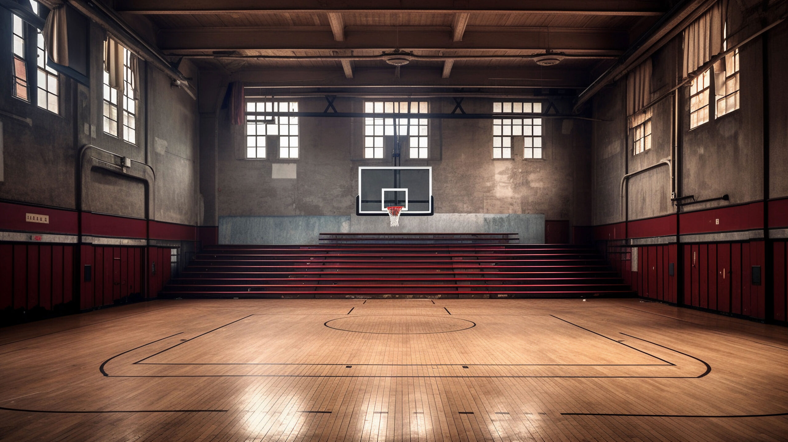 Gymnase de basketball vide dans un bâtiment ancien
